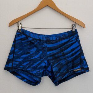 YOGABELA Men's Blue Black Print Yoga Shorts Size L Stretch Swim Activewear
